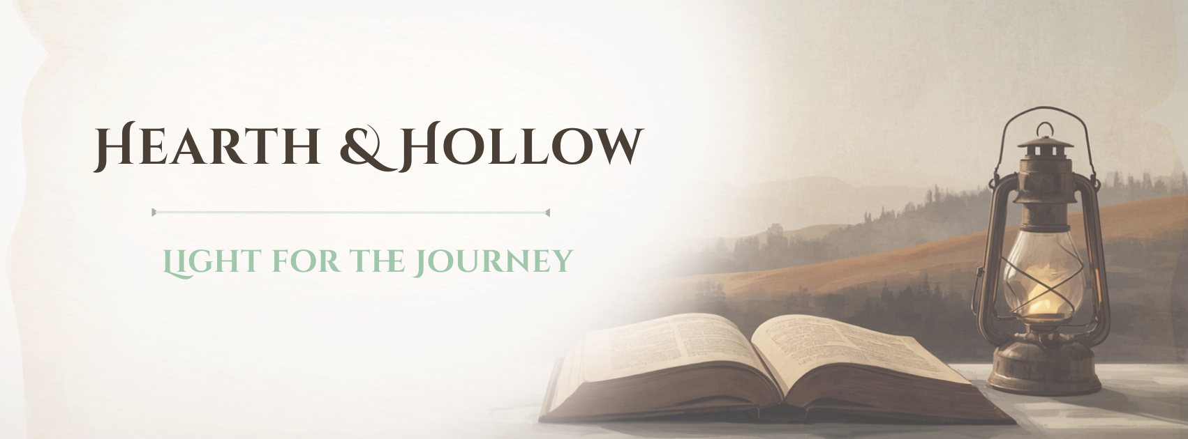 Open book with a lantern on a table, 'Hearth & Hollow' branding above.