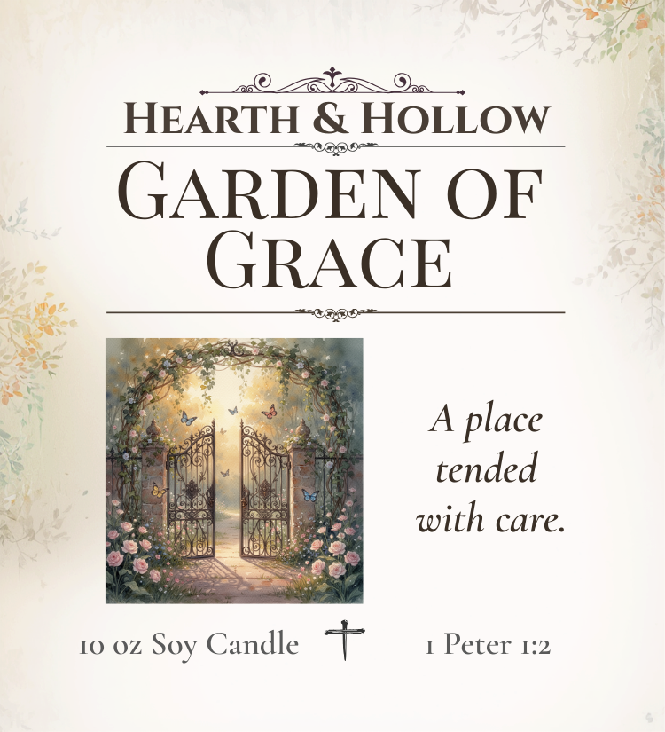 Advertisement for 'Garden of Grace' candle by Hearth & Hollow with decorative text and a garden gate illustration.