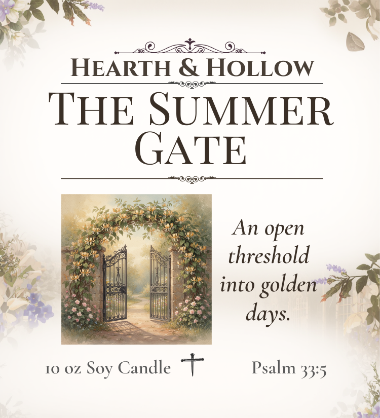 Advertisement for 'The Summer Gate' candle by Hearth & Hollow with a decorative arch and gate illustration.