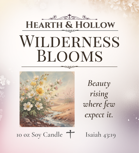Advertisement for 'Wilderness Blooms' candle by Hearth & Hollow with floral illustration and text.