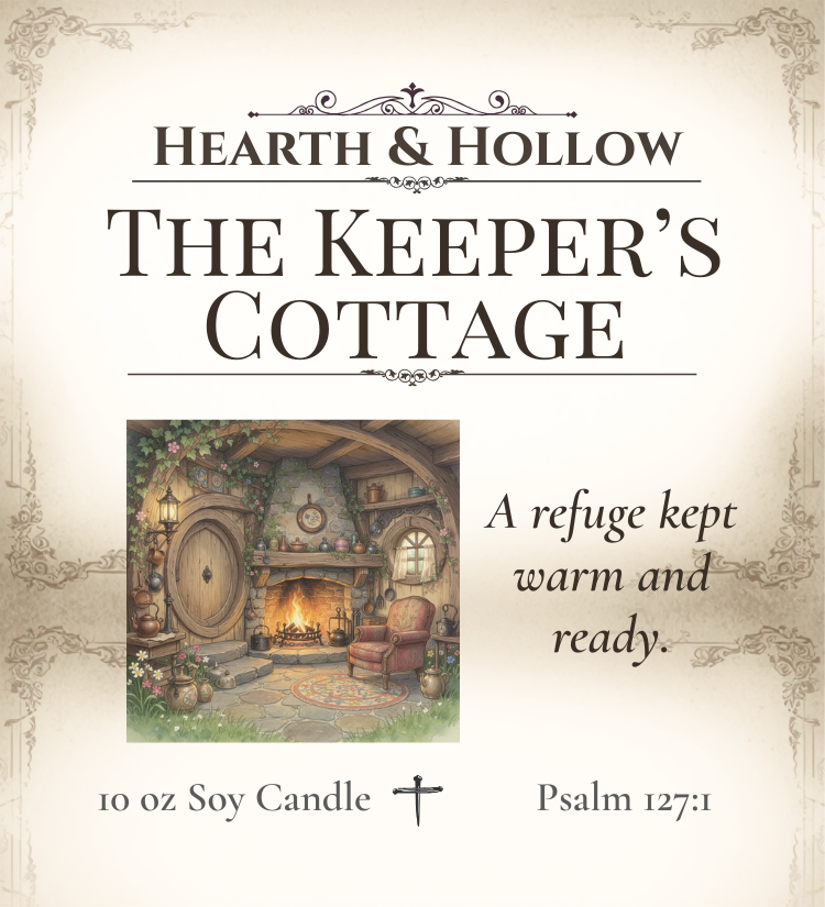 Advertisement for 'The Keeper's Cottage' candle by Hearth & Hollow with a cozy cottage illustration and text.