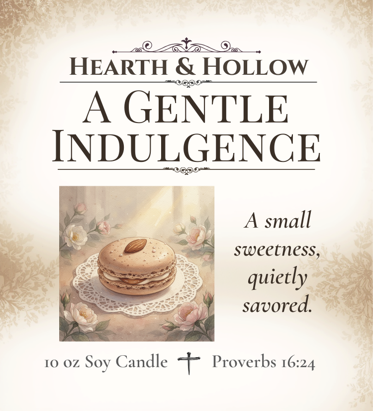 Advertisement for 'Hearth & Hollow' candle with a macaron and floral design.