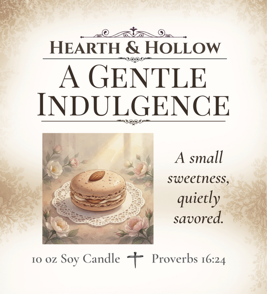 Advertisement for 'Hearth & Hollow' candle with a macaron and floral design.