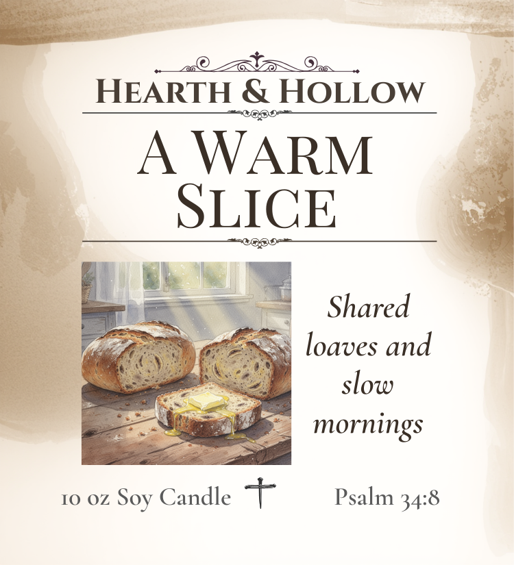 Advertisement for 'Hearth & Hollow' candle with bread and butter on a wooden surface.