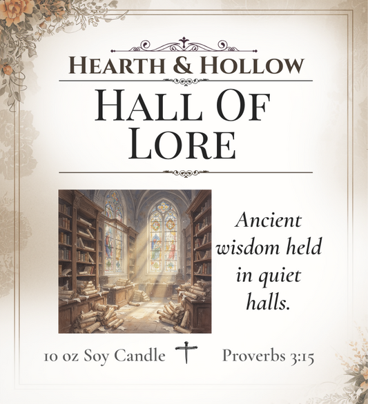 Advertisement for 'Hearth & Hollow Hall of Lore' candle with a library scene and text.