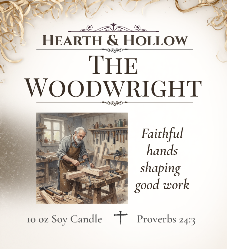 Advertisement for 'The Woodwright' candle by Hearth & Hollow with a woodworker in a workshop.