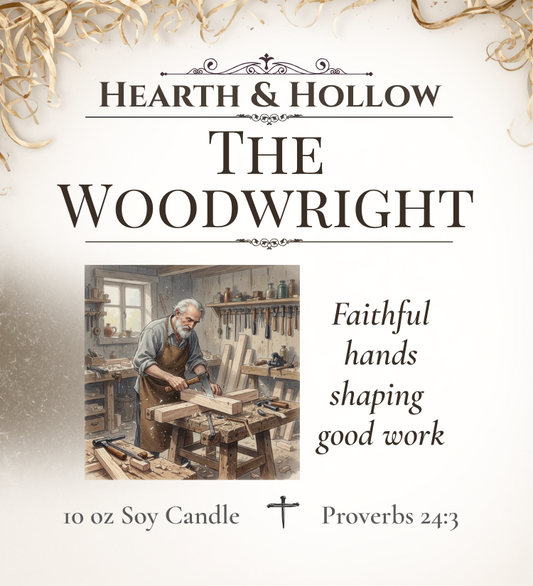 Advertisement for 'The Woodwright' candle by Hearth & Hollow with a woodworker in a workshop.