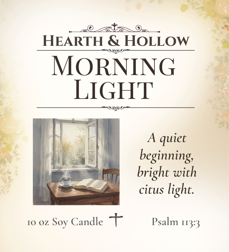 Advertisement for 'Morning Light' candle by Hearth & Hollow with a window scene and text.