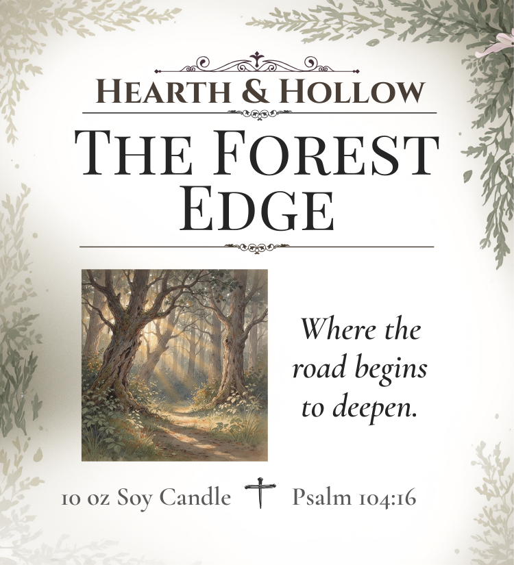 Advertisement for 'The Forest Edge' candle by Hearth & Hollow with a forest scene and Psalm 104:16 text.