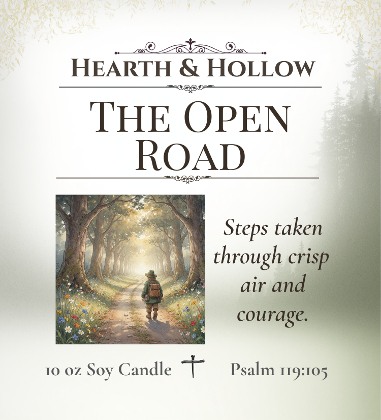 Advertisement for 'The Open Road' candle by Hearth & Hollow with a person walking through a forest path.