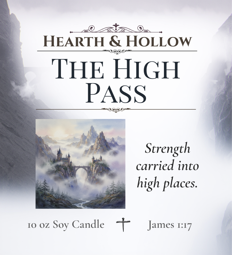 Hearth & Hollow candle packaging with mountain scene and text