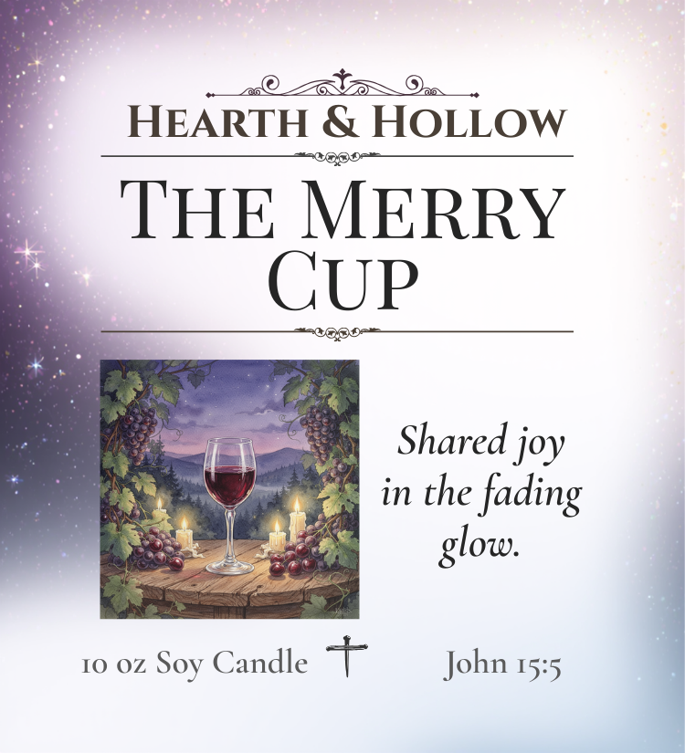 Advertisement for 'The Merry Cup' candle by Hearth & Hollow with a glass of wine and grapes on a table.