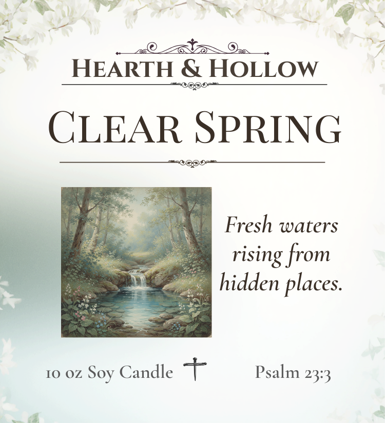 Advertisement for 'Clear Spring' candle by Hearth & Hollow with a forest scene and text.