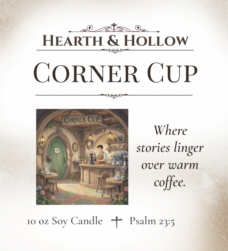 Advertisement for 'Corner Cup' candle by Hearth & Hollow with a cozy café illustration and text.
