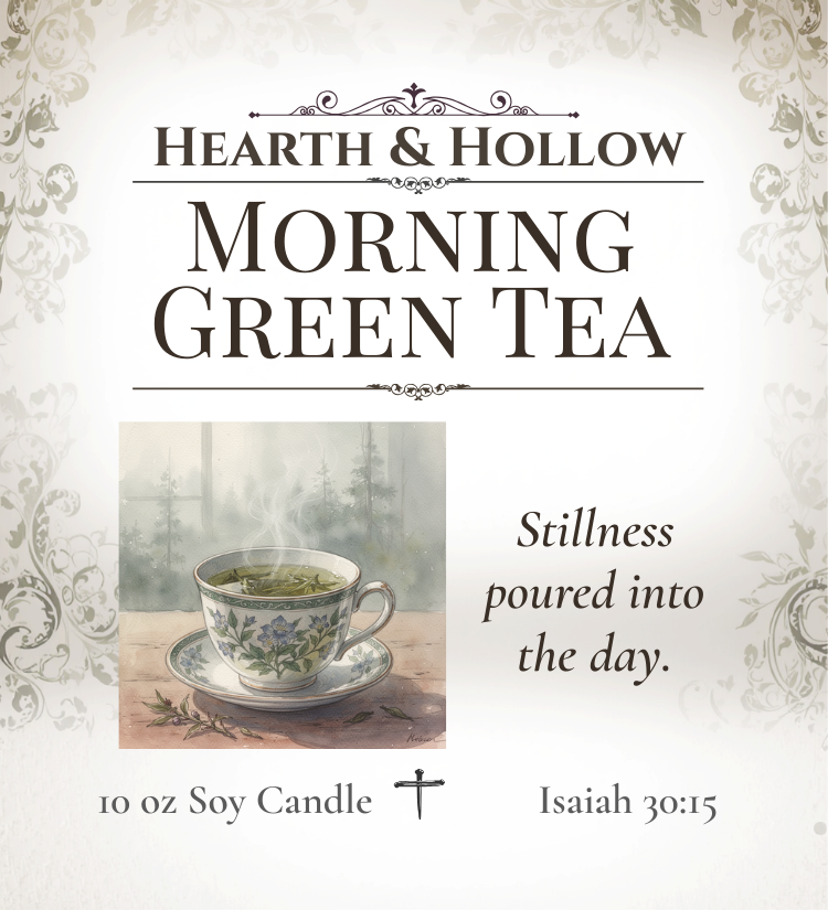 Advertisement for 'Morning Green Tea' candle by Hearth & Hollow with a cup of tea on a decorative background.