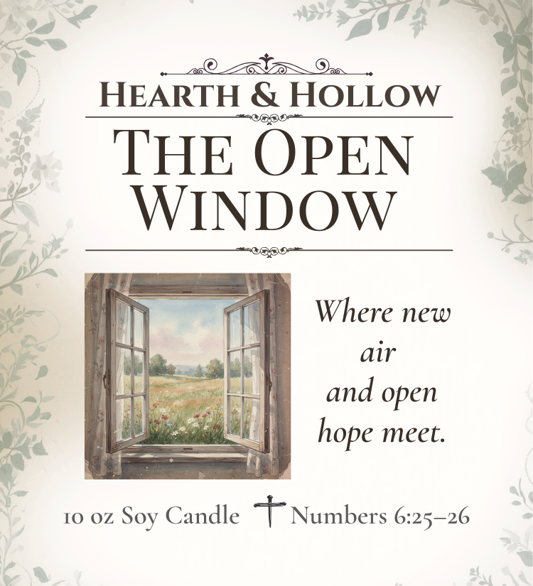 Advertisement for 'The Open Window' candle by Hearth & Hollow with an open window illustration and text.