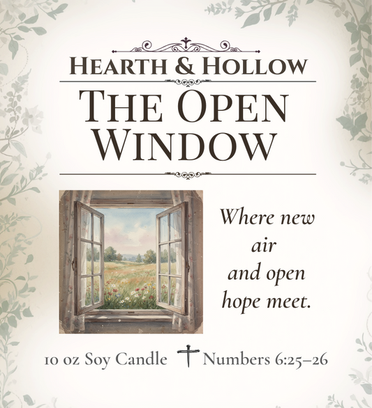 Advertisement for 'The Open Window' candle by Hearth & Hollow with an open window illustration and text.